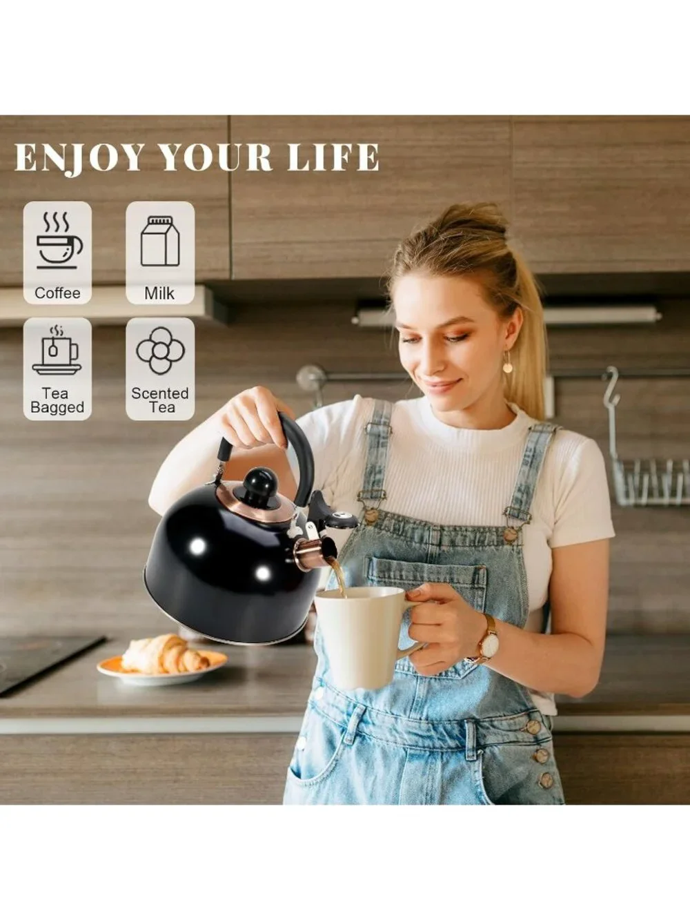 GGC Black Stainless Steel Kettles 2.6QT Whistling Stove Top Folding Wood Handle